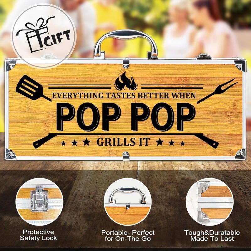 LEWARAN Poppop Gifts from Grandkids, Pop Pop Christmas Grilling Gift Heavy Duty Wooden BBQ Grilling Accessories Kit, Thick Stainless Steel Grill Utensils with Non-Slip Handle Tools in Portable Bag - Image 2